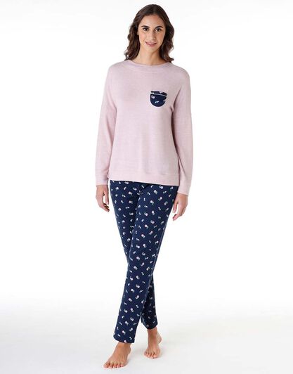 Pigiama lungo donna in cotone interlock, rosa e blu, , LOVABLE