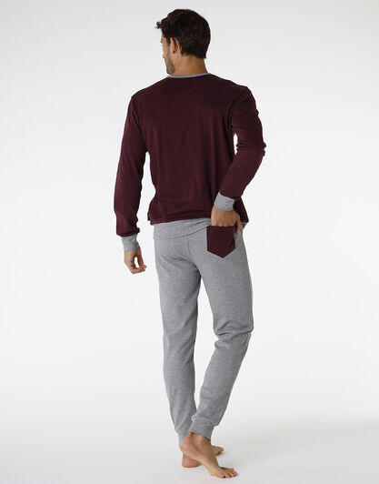 Pigiama lungo in interlock di cotone, bordeaux e grigio melange, , LOVABLE