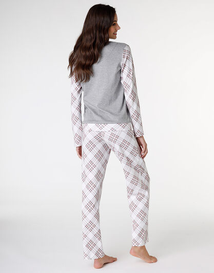 Pigiama lungo in interlock di cotone, grigio melange stampato, , LOVABLE