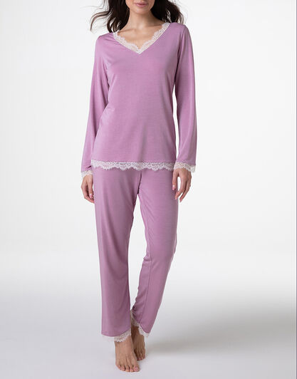 Pigiama Lungo scollo a V in Modal, rosa orchidea, , LOVABLE