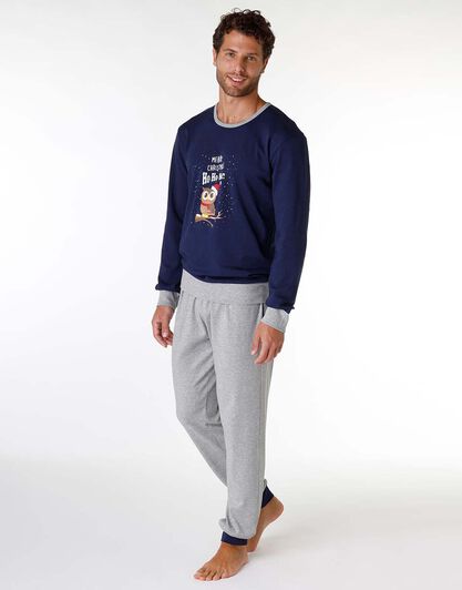 Pigiama lungo uomo in cotone interlock, blu navy con stampa gufetto, , LOVABLE