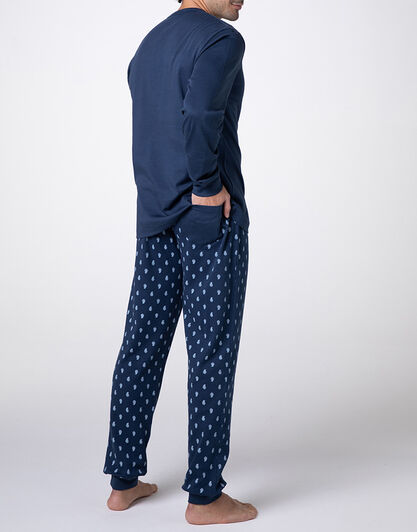Pigiama Lungo Collo Serafino Interlock, blu navy,  Pigiama Lungo Collo Serafino Interlock, blu navy, , LOVABLE
