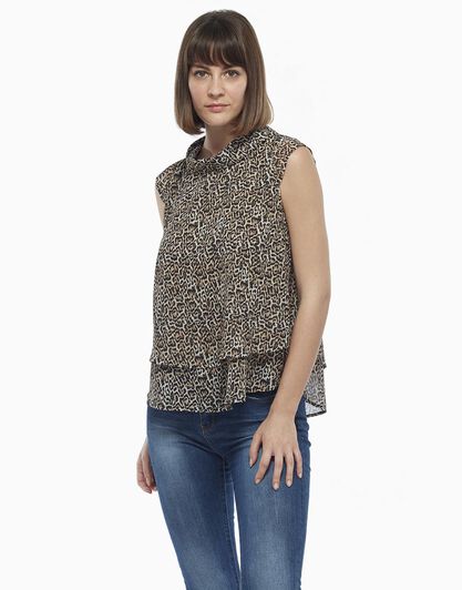 Smanicato mezza manica conchiglia stampa animalier, in georgette, , LOVABLE