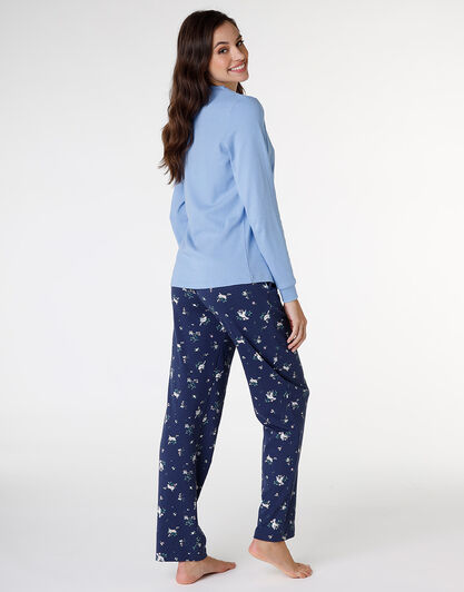 Pigiama lungo aperto in interlock di cotone, azzurro con stampa, , LOVABLE