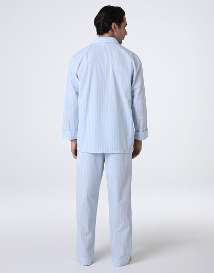 Pigiama lungo aperto unisex in tela di cotone, azzurro a righe, , LOVABLE