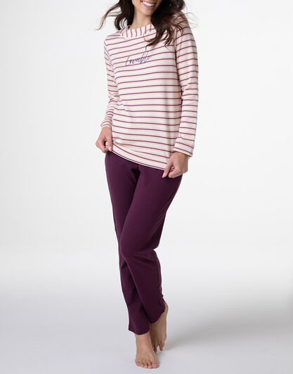 Pigiama Lungo in Interlock, righe avorio, rosa e vinaccia, , LOVABLE