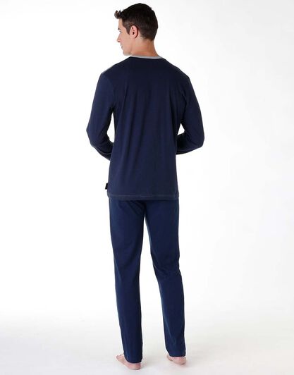 Pigiama lungo uomo in jersey di cotone, grigio melange e blu, , LOVABLE
