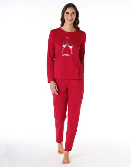 Pigiama donna lungo in 100% jersey di cotone, rosso, , LOVABLE