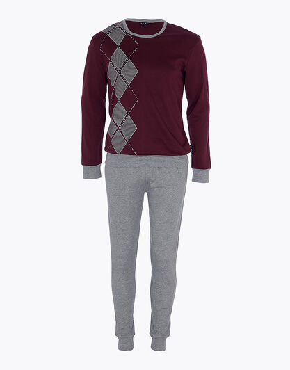 Pigiama lungo in interlock di cotone, bordeaux e grigio melange, , LOVABLE