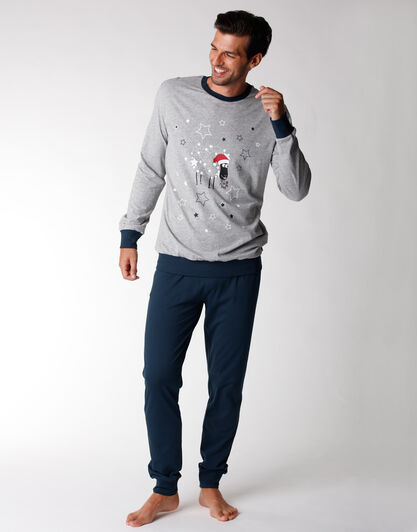 Pigiama uomo lungo in jersey di cotone, grigio melange con stampa natalizia, , LOVABLE
