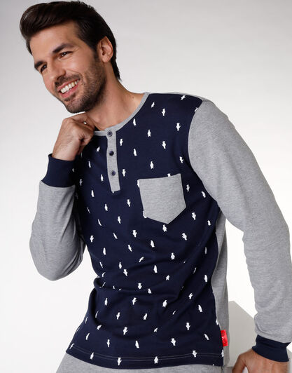 Pigiama uomo lungo in cotone interlock, blu navy, , LOVABLE