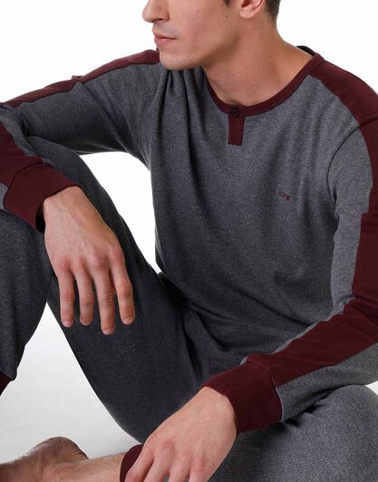 Pigiama lungo uomo in cotone interlock, grigio melange e bordeaux, , LOVABLE