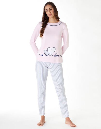 Pigiama lungo donna in 100% cotone interlock, rosa, , LOVABLE