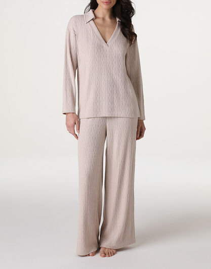Pigiama Lungo scollo a V in maglia, panna rosato, , LOVABLE
