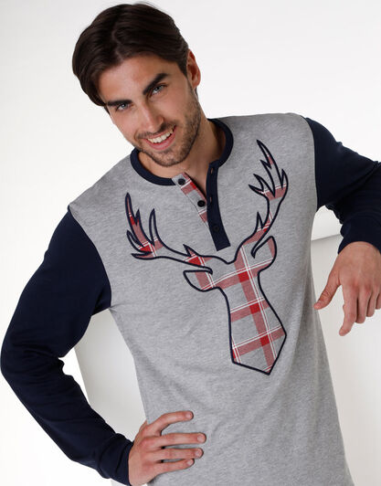 Pigiama uomo lungo in cotone interlock, grigio melange, , LOVABLE
