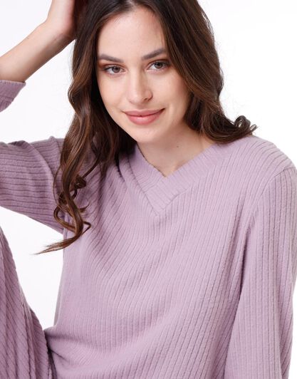 Pigiama donna lungo in costina garzata, grigio lillato, , LOVABLE