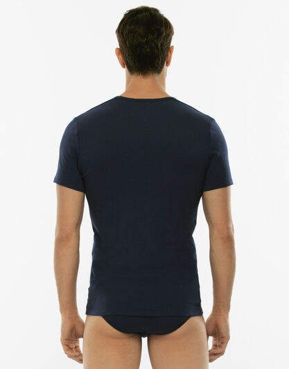 T-Shirt Cotton Stretch blu in cotone elasticizzato con scollo a V profondo-LOVABLE