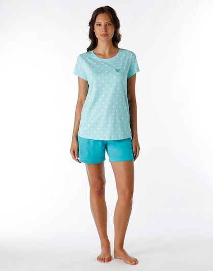 Pigiama corto girocollo in jersey, verde acqua con cuori, , LOVABLE