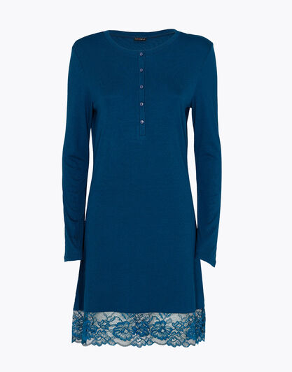 Camicia da notte manica lunga in viscosa, blu ottanio, , LOVABLE