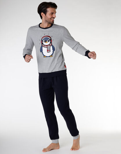 Pigiama uomo lungo in jersey di cotone, grigio melange, , LOVABLE