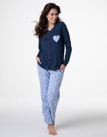 Pigiama Lungo Aperto in Interlock, blu notte, , LOVABLE