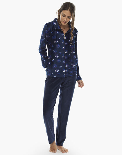 Homewear manica e gamba lunga blu stampato, in ciniglia, aperto con zip, , LOVABLE