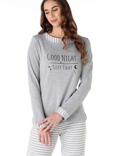 Pigiama lungo donna in cotone interlock, grigio melange con stampa, , LOVABLE