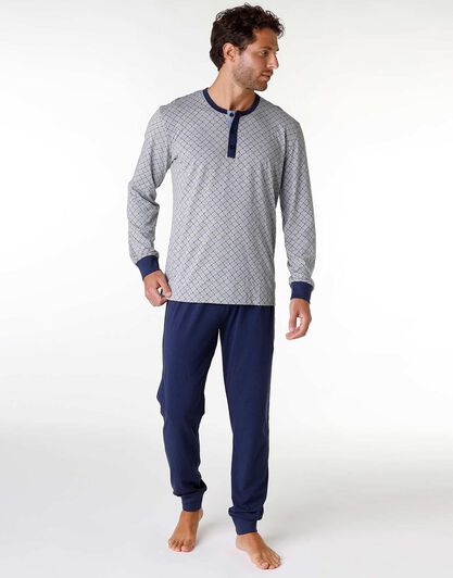 Pigiama uomo lungo in cotone jersey, grigio melange stampato, , LOVABLE