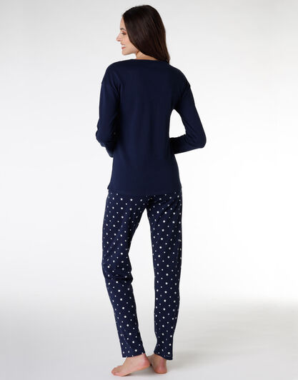 Pigiama donna lungo in 100% cotone interlock, blu con stampa, , LOVABLE