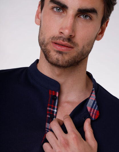 Pigiama uomo lungo in interlock 100% cotone, blu navy e tartan, , LOVABLE