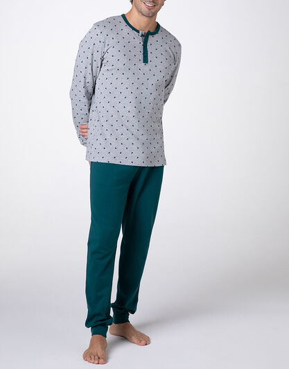 Pigiama Lungo Collo Serafino Interlock, grigio stampa alberi,  Pigiama Lungo Collo Serafino Interlock, grigio stampa alberi, , LOVABLE