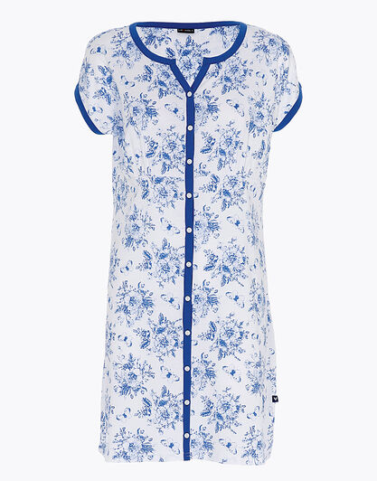 Camicia da notte aperta manica corta in jersey, bianco con stampa blu, , LOVABLE