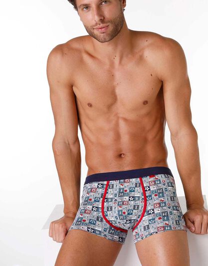 Boxer uomo in cotone elasticizzato, grigio melange con stampa, , LOVABLE