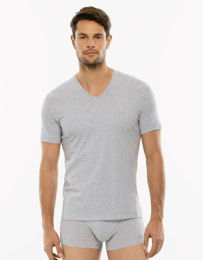 T-Shirt Cotton Stretch grigio melange in cotone elasticizzato con scollo a V profondo-LOVABLE
