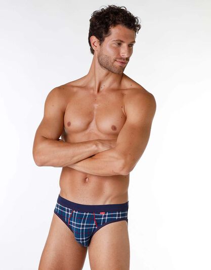 Slip uomo in cotone elasticizzato, stampa check blu petrolio, , LOVABLE