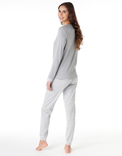 Pigiama lungo donna in cotone interlock, grigio melange con stampa, , LOVABLE