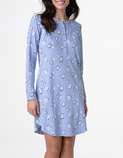Camicia da Notte Serafino Manica Lunga in Interlock, azzurro polvere stampato, , LOVABLE