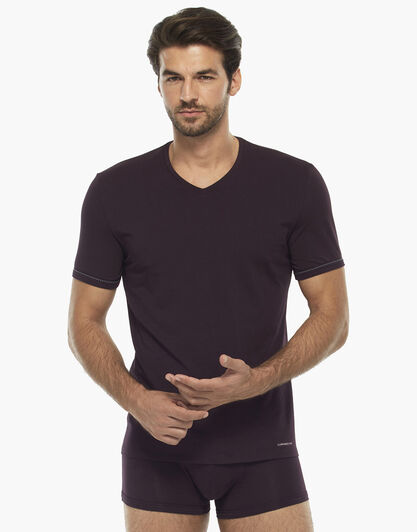 Maglia manica corta bordeaux in cotone supima, scollo a V , , LOVABLE