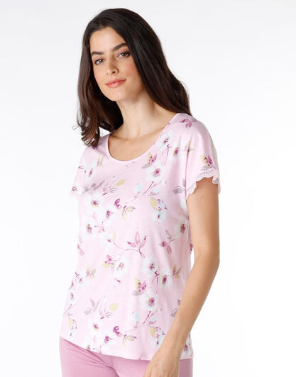 T-shirt del pigiama donna in 100% cotone modal, rosa con stampa floreale, , LOVABLE