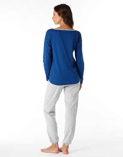 Pigiama lungo in jersey, blu navy, , LOVABLE