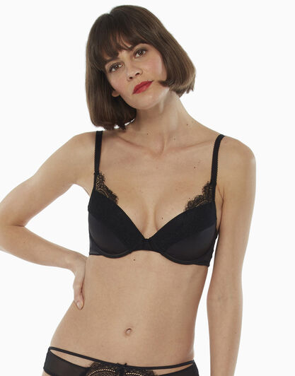 Reggiseno push up in raso, pizzo e tulle, nero, , LOVABLE