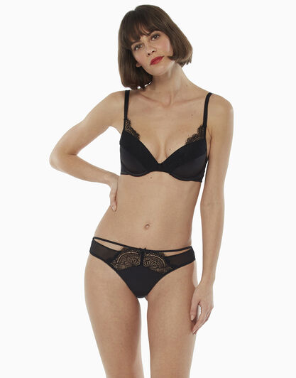 Brasiliano in raso, pizzo e tulle, nero, , LOVABLE
