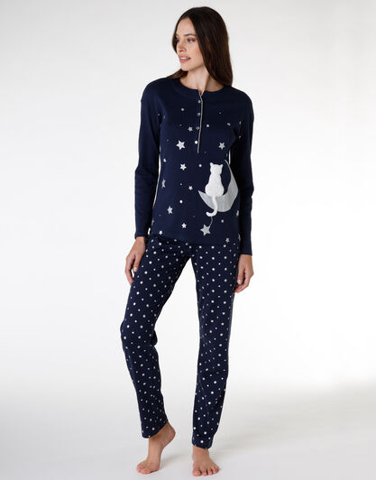 Pigiama donna lungo in 100% cotone interlock, blu con stampa, , LOVABLE