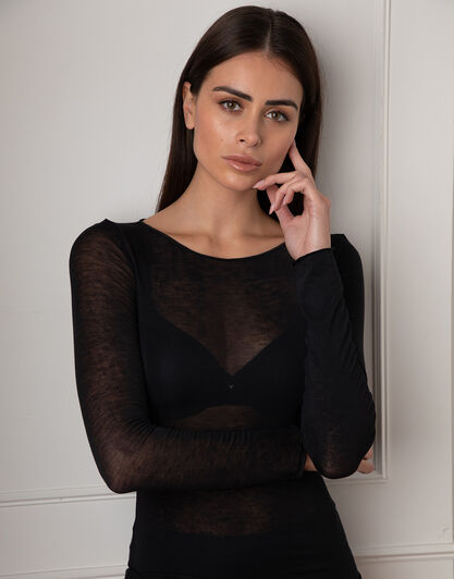 Maglia con scollo a barchetta e manica lunga in modal e cashmere, nero, , LOVABLE