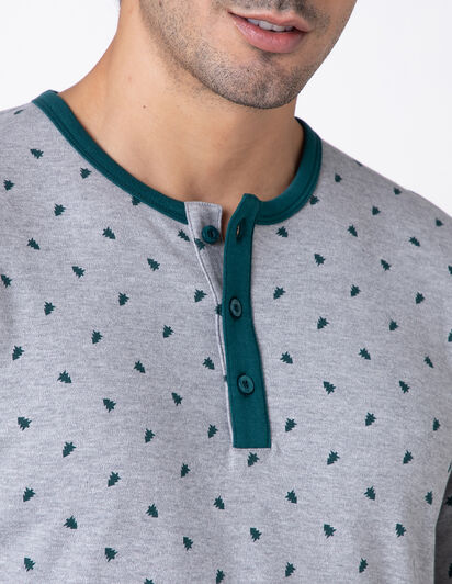 Pigiama Lungo Collo Serafino Interlock, grigio stampa alberi,  Pigiama Lungo Collo Serafino Interlock, grigio stampa alberi, , LOVABLE