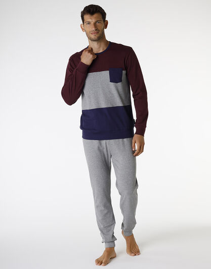 Pigiama lungo in interlock di cotone, bordeaux grigio e blu, , LOVABLE