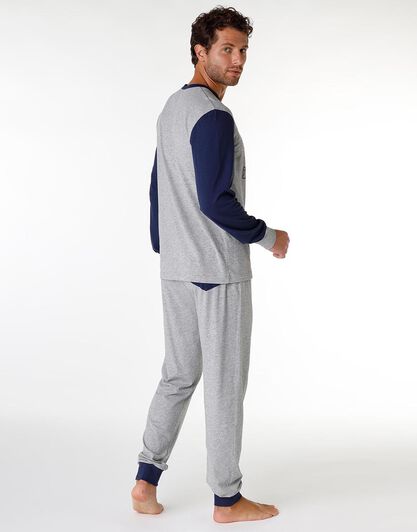 Pigiama uomo lungo in cotone jersey, grigio melange stampa rugby, , LOVABLE