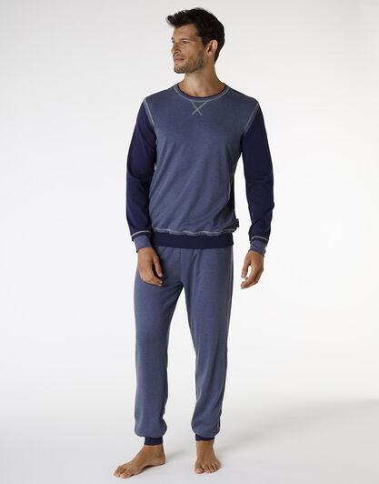 Pigiama lungo in Interlock filato melange, blu navy e blu melange, , LOVABLE