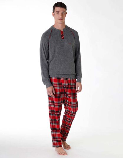 Pigiama lungo uomo in cotone interlock e flanella, grigio e rosso, , LOVABLE