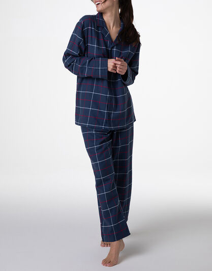 Pigiama Unisex lungo aperto in flanella, blu check, , LOVABLE